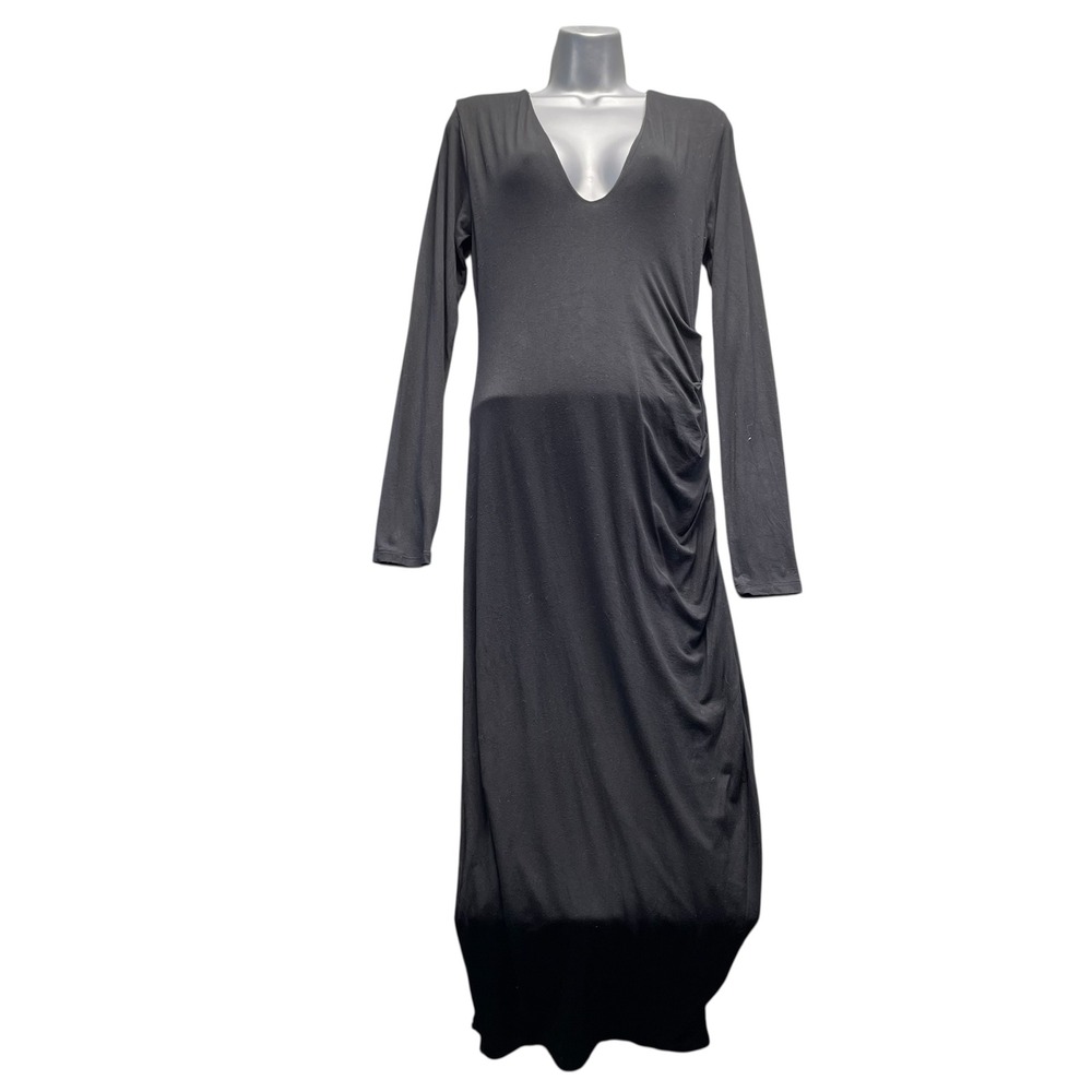 Good American Women Ruched Bodycon Maxi Dress Black Stretch Rayon Size 2 SlimFit